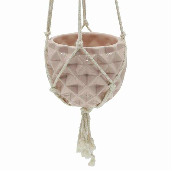 Espectaculo 5 x 5 in. Ceramic Macrame Hanging Planter Gloss Pink 1759159